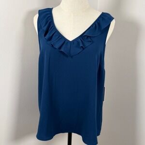 LC Lauren Conrad Womens M Sleeveless Ruffle V Neck Top Blue Coquette Preppy NWT